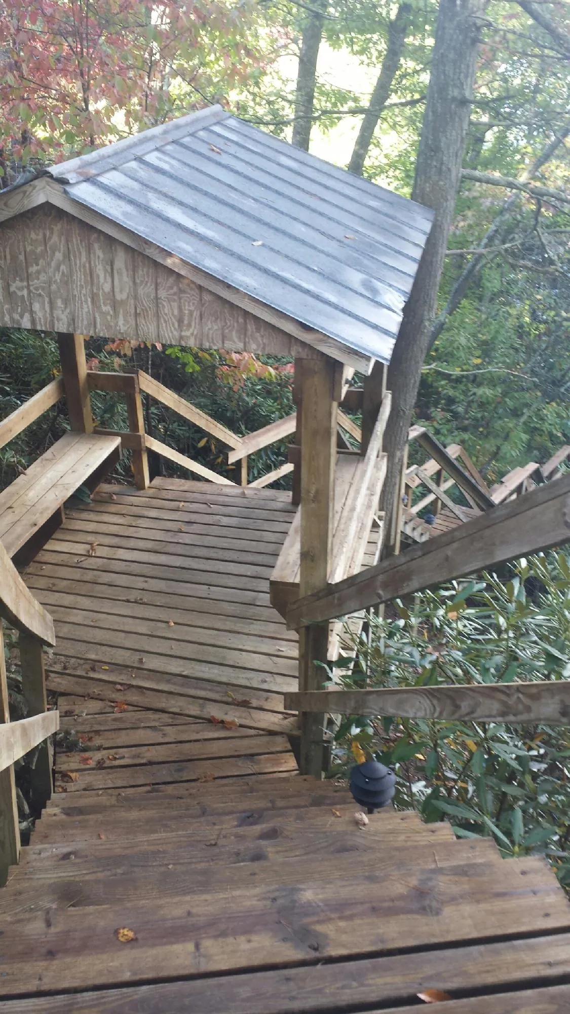Metal roofed shelter over wooden steps on a wooded walkway — Skylight Repair & Installation work by our crew in Woodlyn